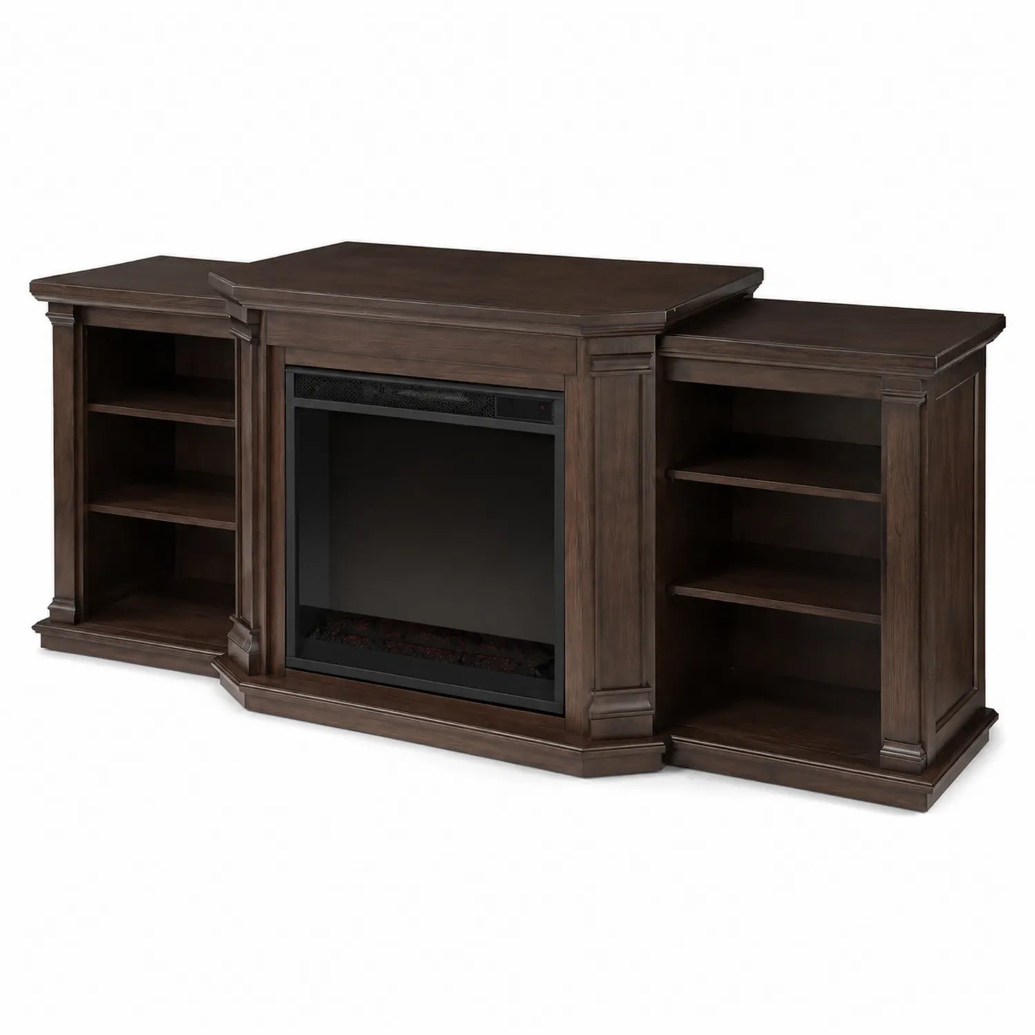 Holz Entertainment-Center mit elektrischem Kamin und Regalen Braun