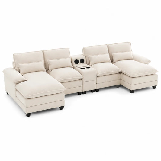 Modulares Ecksofa Set aus Stoff mit Becherhalter Beige