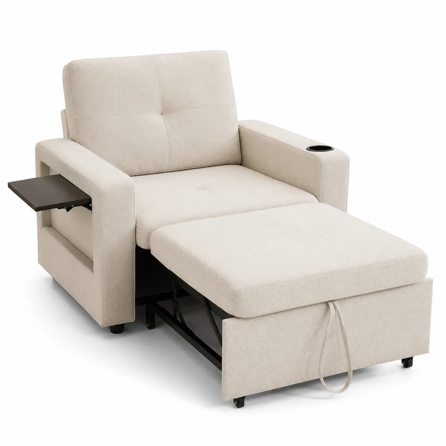 Sessel mit verstellbarer Fußstütze, Tischplatte und Tassenhalter Stoff Beige
