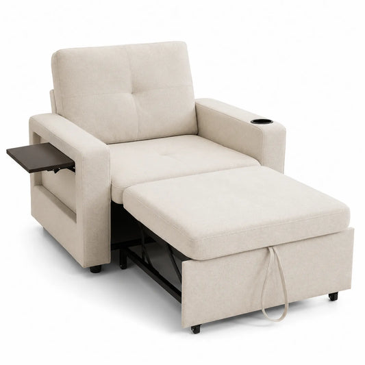 Sessel mit verstellbarer Fußstütze, Tischplatte und Tassenhalter Stoff Beige
