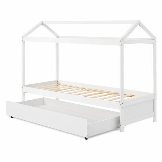 Kinderhausbett mit ausziehbarem Bettkasten Massives Kiefernholz Weiß 200x90 cm