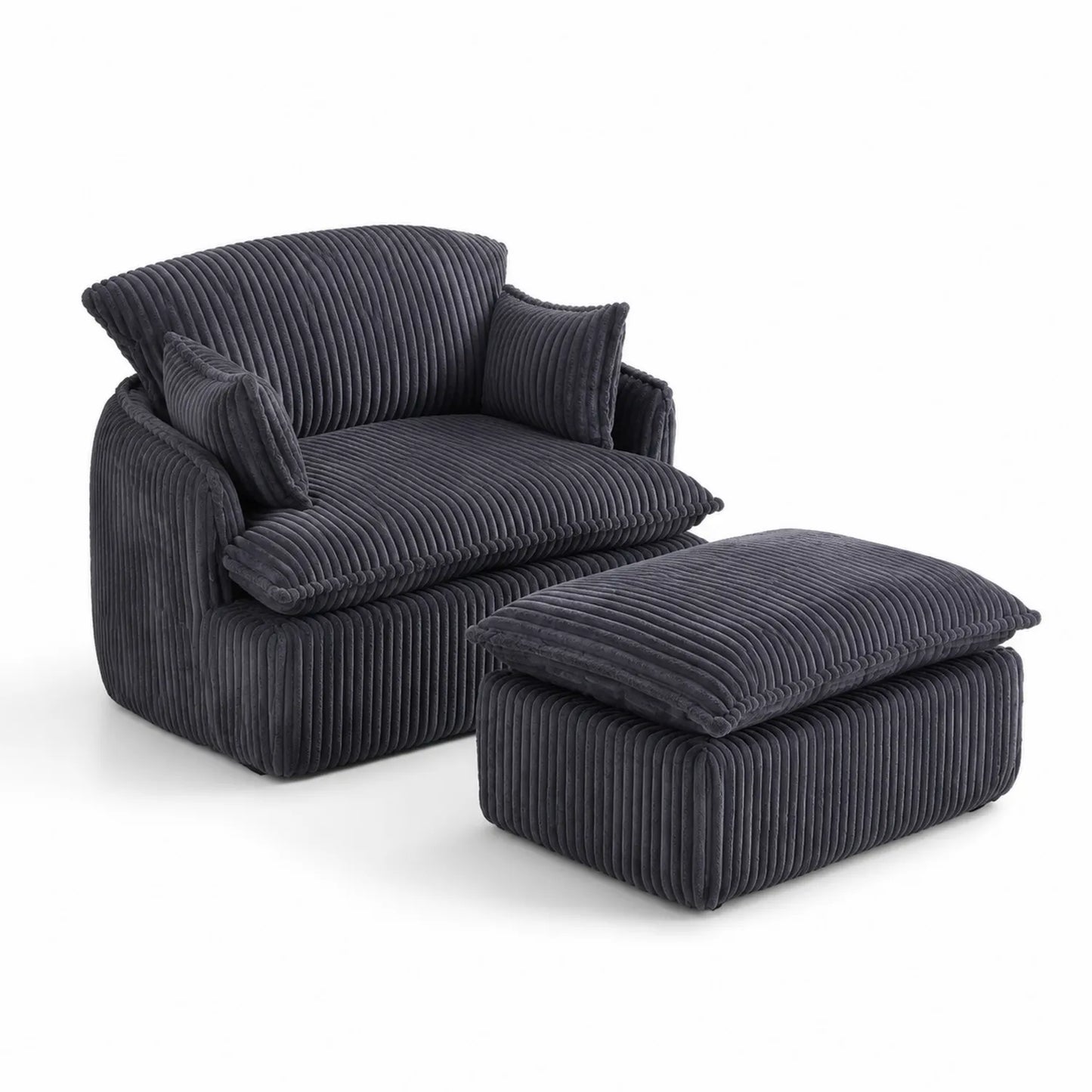 Cord Sessel mit Hocker Set Dunkelgrau