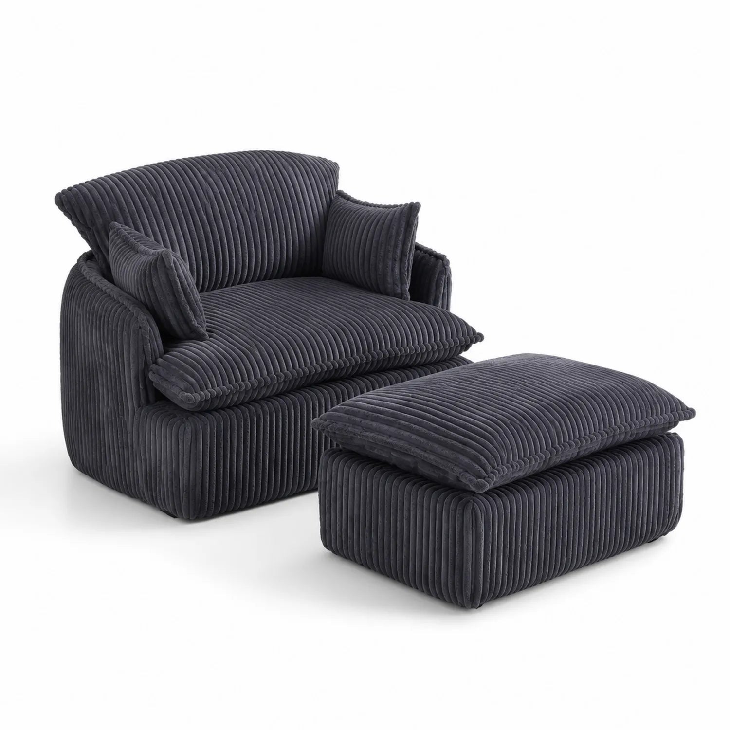 Cord Sessel mit Hocker Set Dunkelgrau