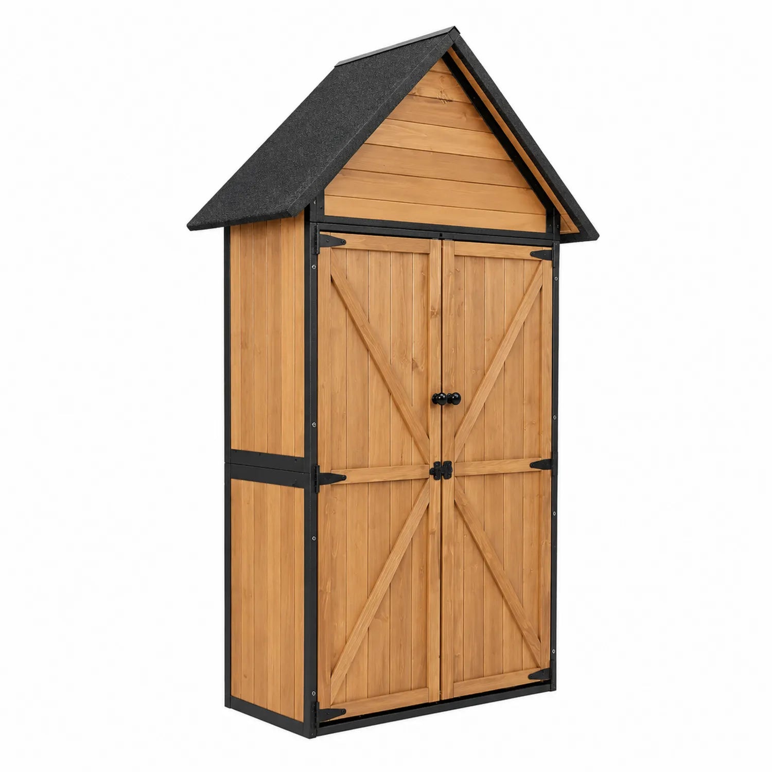 Holz-Gartenschrank mit Metallrahmen, 200x100x50cm, Braun/Schwarz
